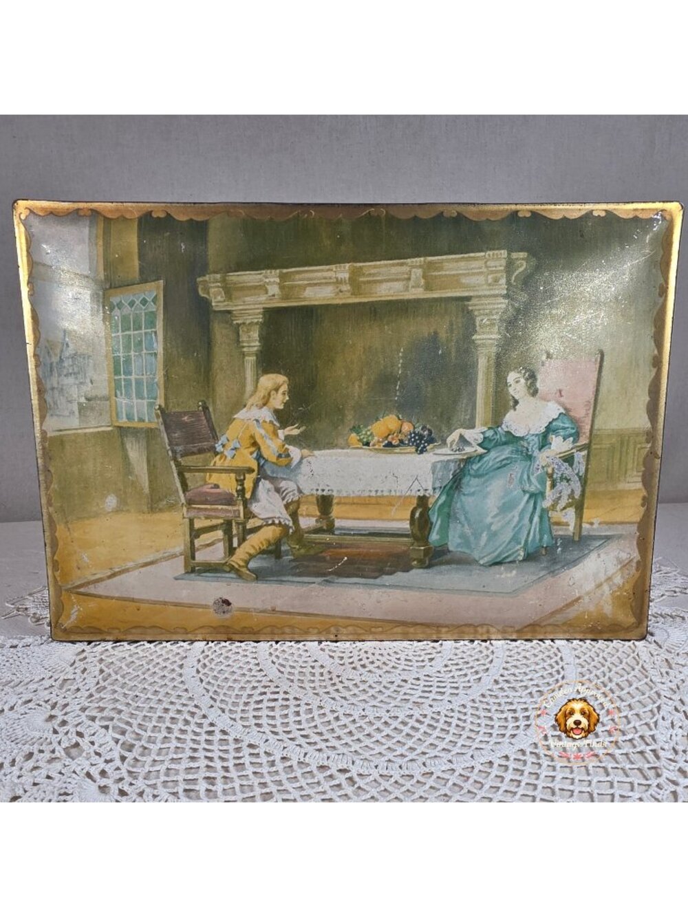 Antique NBC Uneeda Biscuit Tin Lithograph Victorian Scene Hinged Storage Box 11.